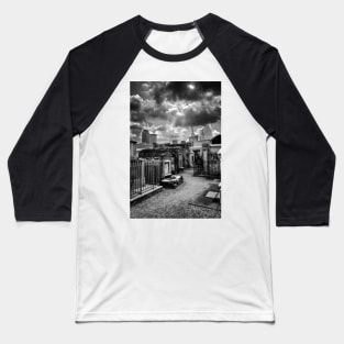 Cloudy Day at St. Louis Cemetery in Black and White Baseball T-Shirt